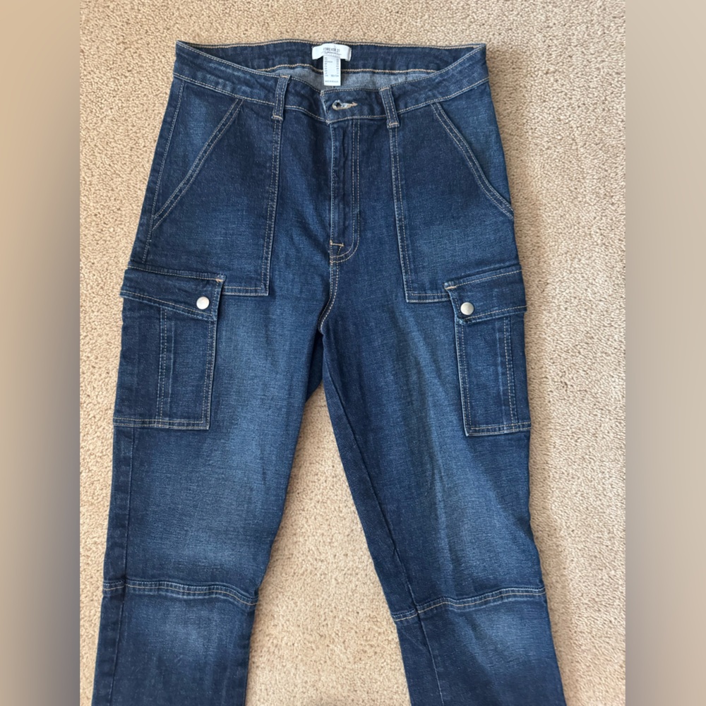 Forever 21 Cargo Jeans Dark Wash‎ Denim Straight Legside pockets 80’s y2k - Picture 6 of 11